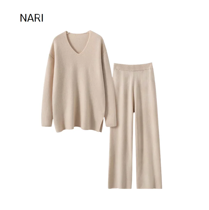 Custom Loose Fit Ladies Pajamas 2 Piece Sets V Neck Cashmere Pullover Sweater&Cashmere Pants Homme Wear Twin Sets