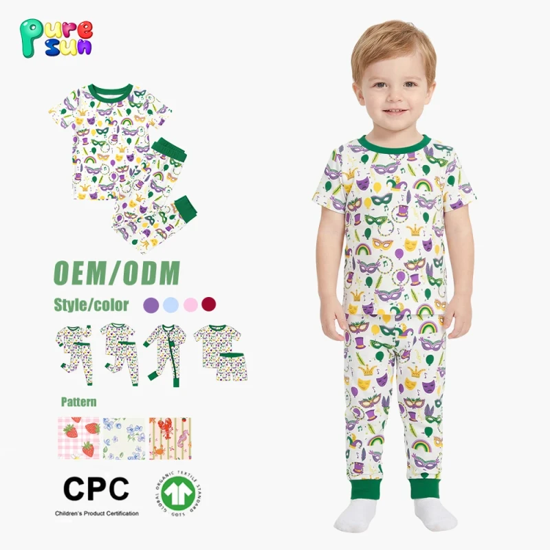 Custom Low MOQ Children Sleepwear Sets 100% Organic Cotton Short Sleeve Kids Pajamas Print Boys Bamboo Pajamas