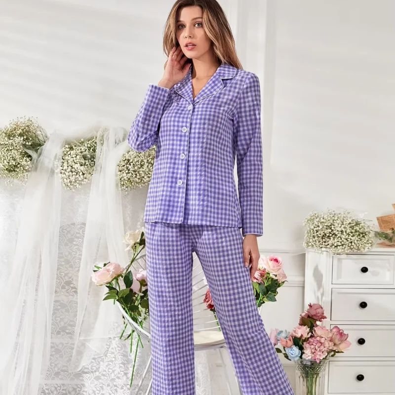 Custom Luxury Bamboo Pyjama PJ Set Home Plaid Loungewear Long Sleeve Soft Modal Fuzzy Pajamas for Women Sleepwear Set