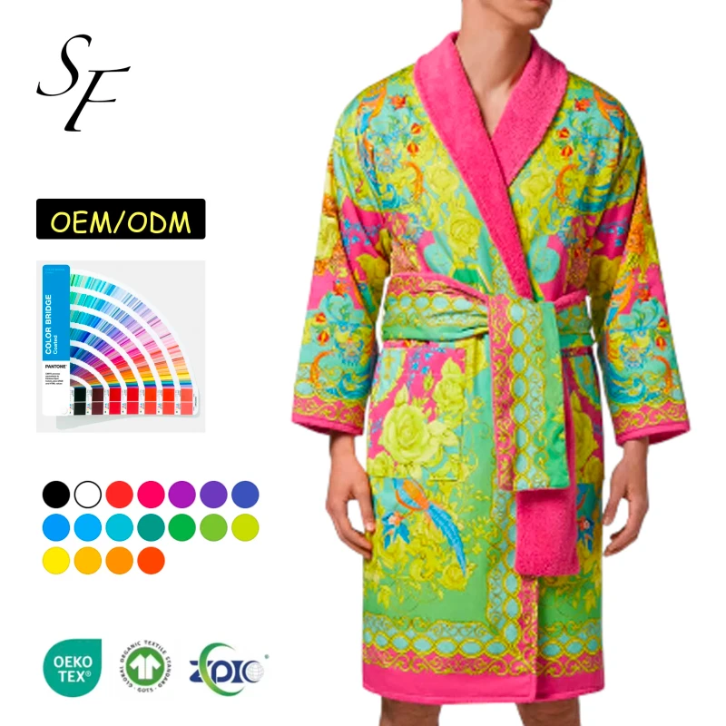 Custom Luxury Casual Loose Fit Baroque Print Silk Satin Bath Robe With Cotton Terry Lining Men's Pajamas