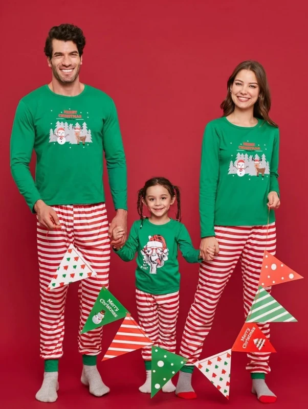 Custom Matching Family Christmas Pajamas Set Green Top Red White Striped Pants POD Sleepwear Support 1pc Dropshipping Mockup