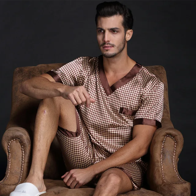 Custom Men Satin Silk Pyjamas Sets of T Shirt Shorts Male Pijama Sleeping Clothes Pajamas