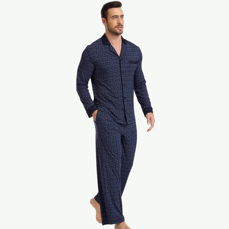 Custom Men's Bamboo Fiber Fashion Knitted Print Sleepwear Set 2 Piece Home Wear Button Long Sleeve Pajamas Quick Dry