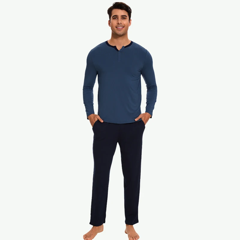 Custom Men's Bamboo Fiber Fashion Knitted Print Sleepwear Set Home Wear Long Sleeve Pajamas Breathable