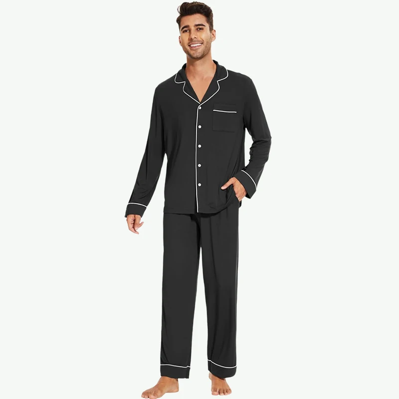 Custom Men's Bamboo Fiber Sleepwear Set 2 Piece Home Wear with Button Long Sleeve Pajamas