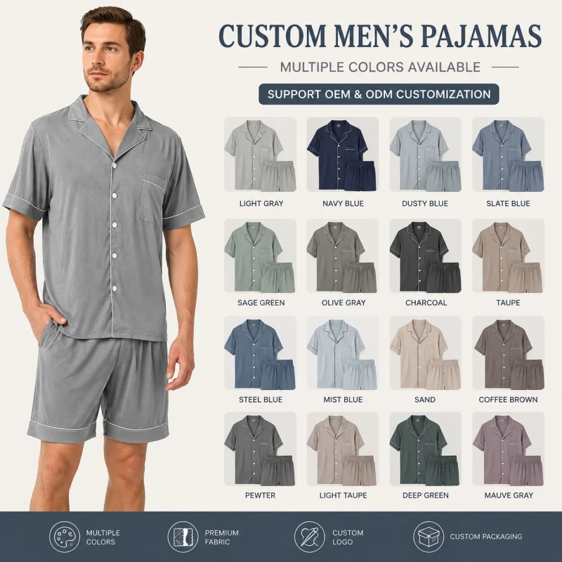 Custom Men's Bamboo Viscose Pajama Set Short Sleeve Button Down Sleepwear Soft Breathable OEM ODM Private Label Manufacturer