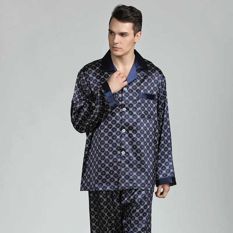 Custom Men's Casual Satin Pajama Set 100% Polyester Breathable Summer Silk Thin Long Sleeve Pockets Digital Printed Sleepwear