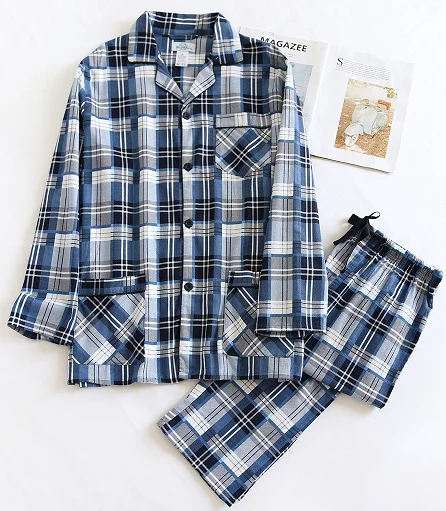 Custom Men's Flannel Pajama Set Loose Fit Long Sleeve Sleepwear for Winter Night Lounge Cotton Plaid Casual Style