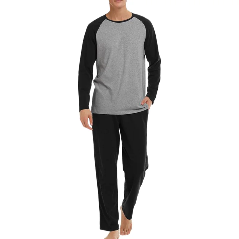 Custom Men's Plus Size Soft Bamboo Cotton Tshirt Pyjama Clothing Set Long Sleeves Plain Sleepwear For Spring Autumn