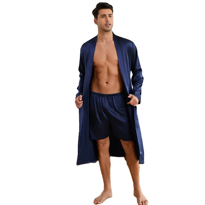 Custom Men's Polyester Satin 2 Piece Bath Robe & Pajama Set with Shorts Quick Dry Luxury Sleepwear for Adult