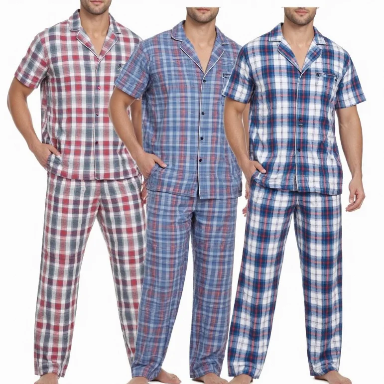 Custom Mens Pyjamas Cotton Pajamas Loungewear Set Breathable Men's Sleepwear Plaid Pj with Pockets