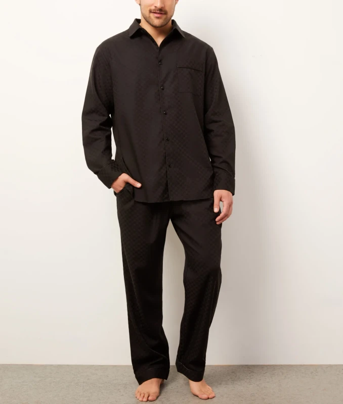 Custom Men's Satin Pajama Set Long Sleeve Classic Casual Shirt Breathable Sleepwear Pyjamas Black Plaid Check