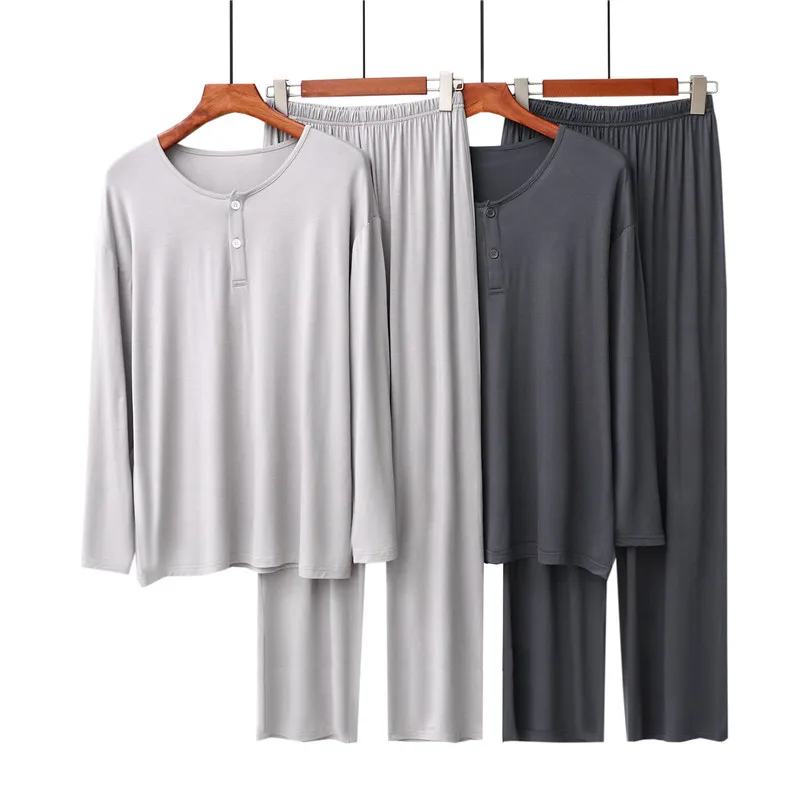 Custom Modal Men Pajamas 2 Piece Set O Neck Comfortable Cozy Long Sleeve Lounge Wear Pyjama Men's Sleepwear