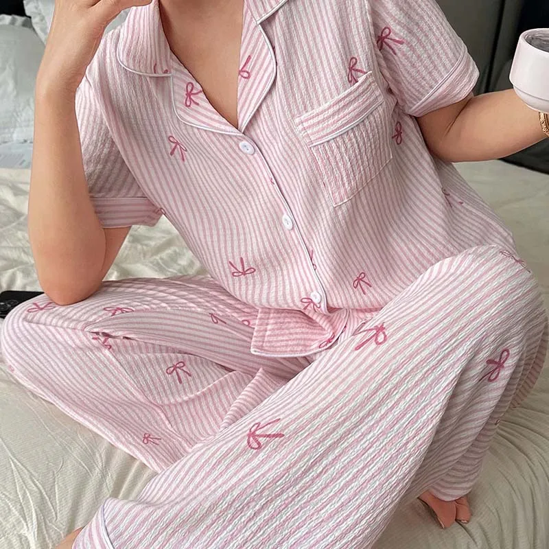 Custom Modal Summer Striped Cotton Pyjamas Set Crew Neck Bow Print Short Sleeve Knitted Bamboo Pajamas for Women Quick Dry
