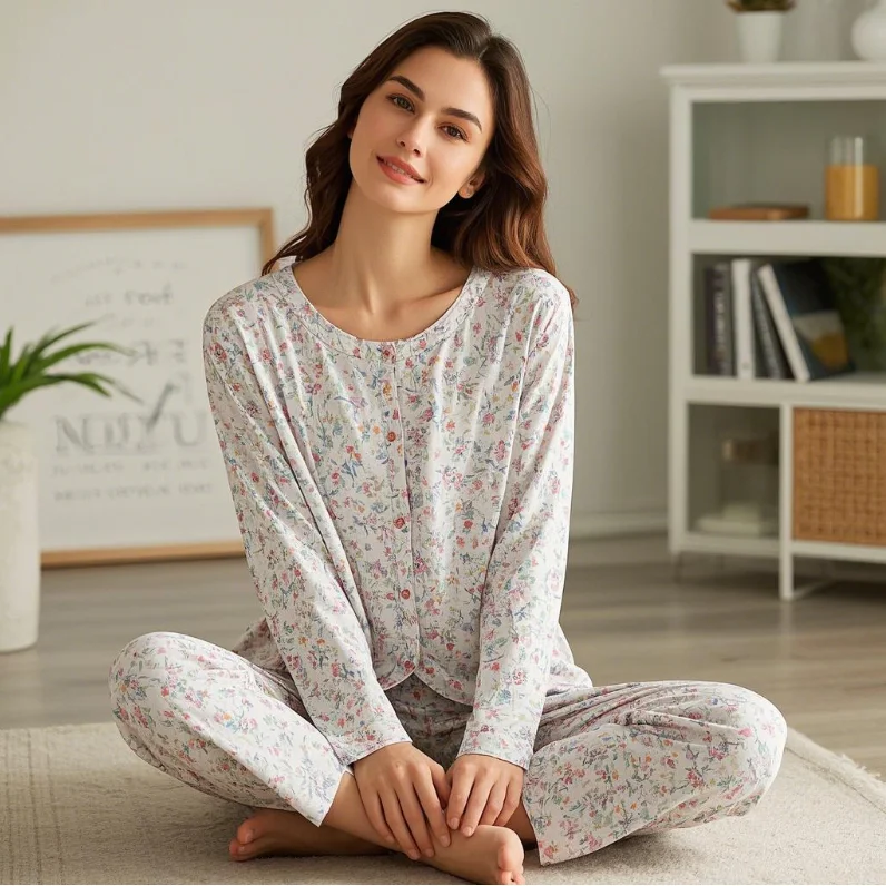 Custom Night Wear for Women Long Sleeve Adult Cotton Sleepwear Winter Women Pajama Sets Bamboo Pyjamas Set
