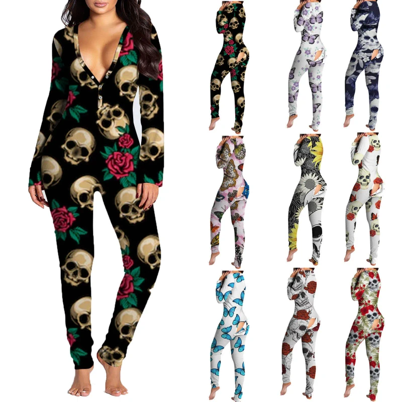 Custom Open Crotch Adult Pajamas With Butt Flap for Women Pyjama Femme One Piece Printed Onesie