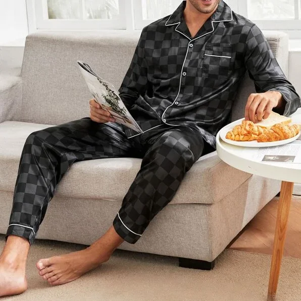 Custom Pattern Satin Plaid Men's Pajamas 2-Piece Long Sleeve Night Lounge Wear Casual Plus Size Sleepwear