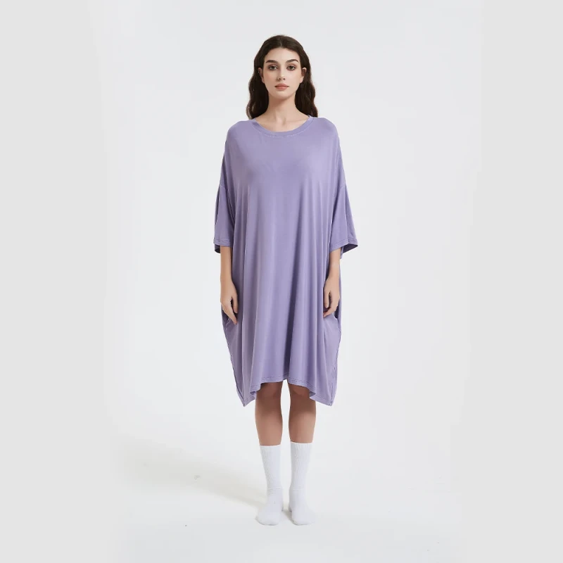 Custom Plus Size Soft Modal Nightshirts for Women Short Sleeve Sleep Dress with Pockets Cozy Cool Knitted Nightdress Tees