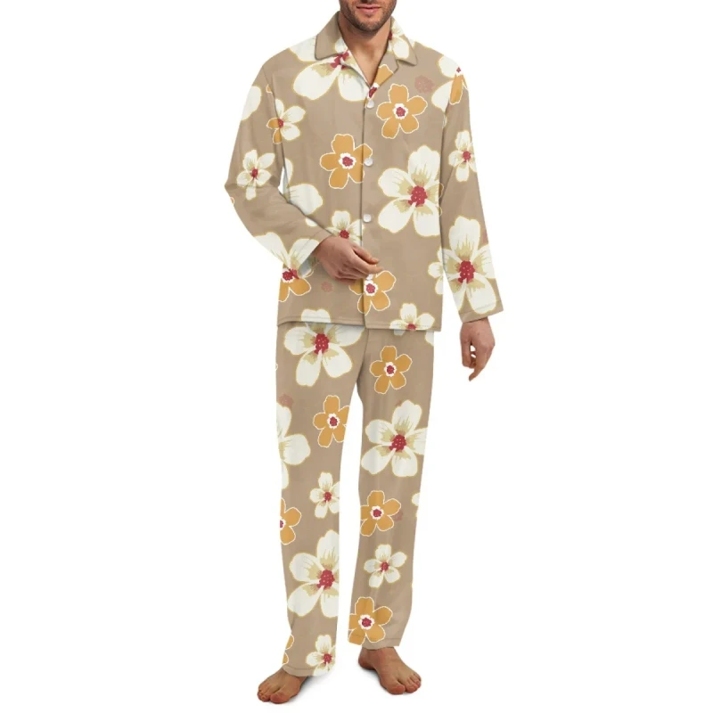 Custom Polynesian Hibiscus Print Fashionable Super Soft Pajamas Loungewear Men's Button Down Pajamas Print on Demand