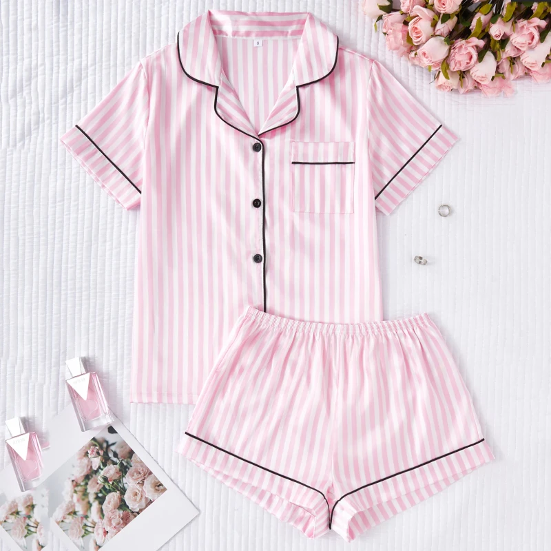 Custom Popular 2 Pcs Spander Polyester Satin Comfortable Soft Short Sleeve Striped Women's Pajamas Sets Loungewear Elastic Waist