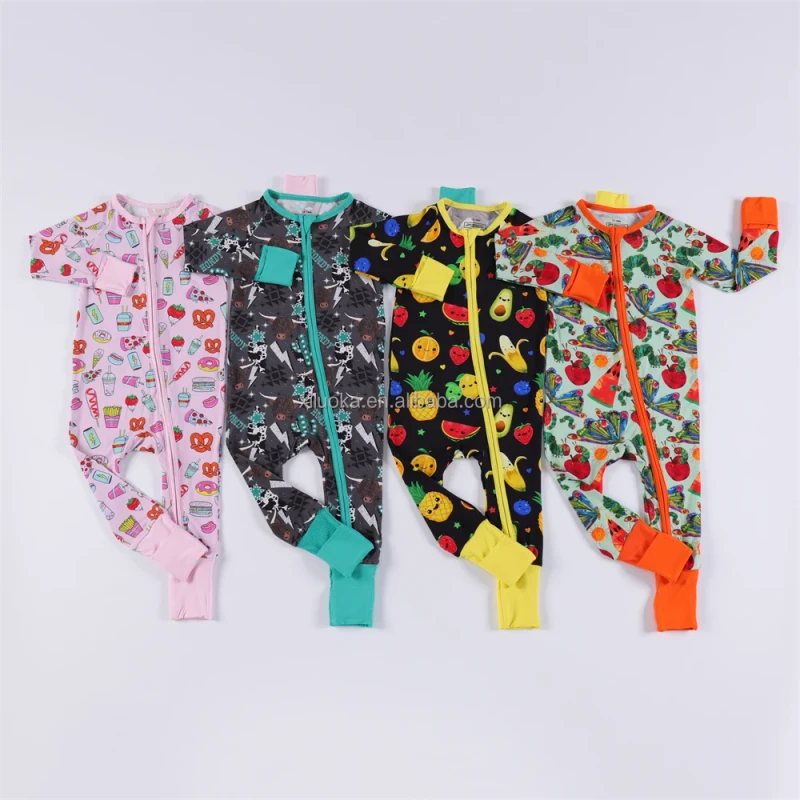 Custom Print 95% Bamboo 5% Spandex Pajamas Baby Jumpsuit Sleepwear Kids Zipper Pajamas