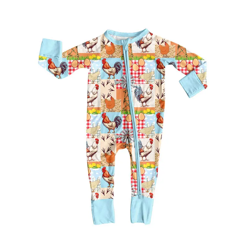 Custom Print Farm Life Long Sleeve Infant Bamboo Fiber Baby Zipper Footed Sleeper Romper Clothes Toddler Kids Pajamas Clothing