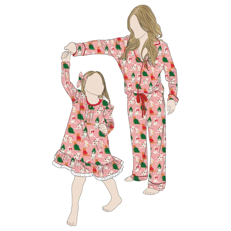 Custom Print Mommy Me Casual Party Outfits Girls Night Gown and Mommy Pajamas Family Matching Long Sleeve Outfits