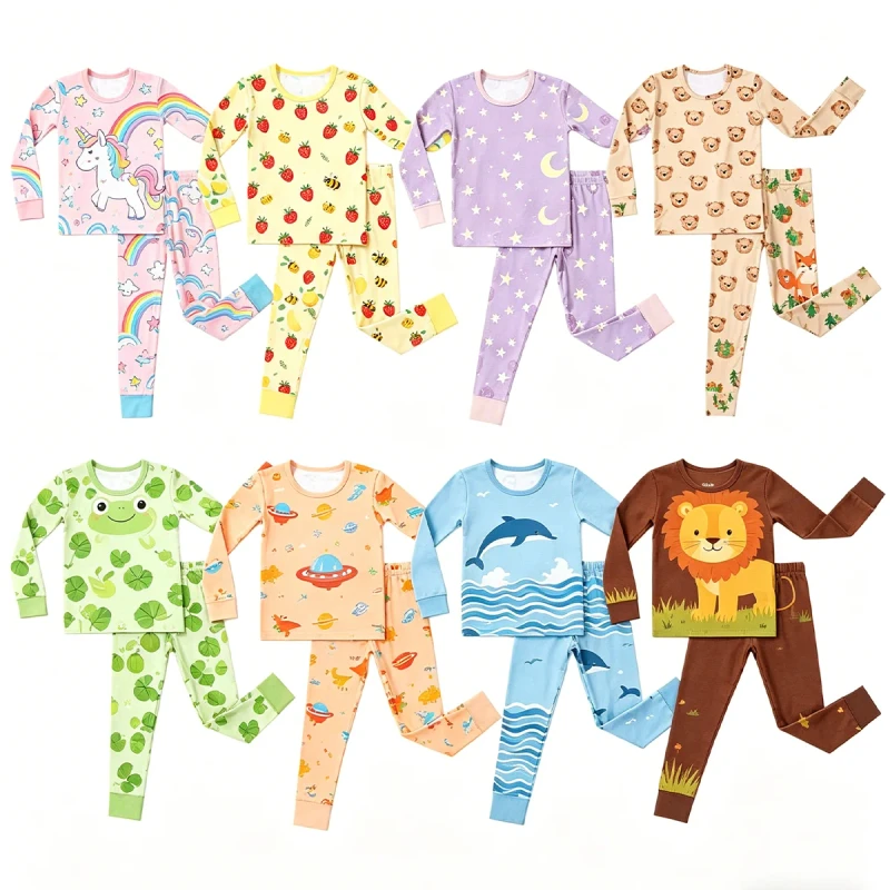 Custom Print Spandex Bamboo Fiber 2pcs Casual Pajamas Double Zipper Baby Romper Little Sleepers Kids Clothes