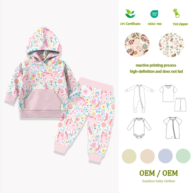 Custom Printed Christmas Pajamas Bamboo Spandex Long Sleeve Baby Pajama Set for Toddlers Bamboo 2 Pieces Hooded Sets PJS