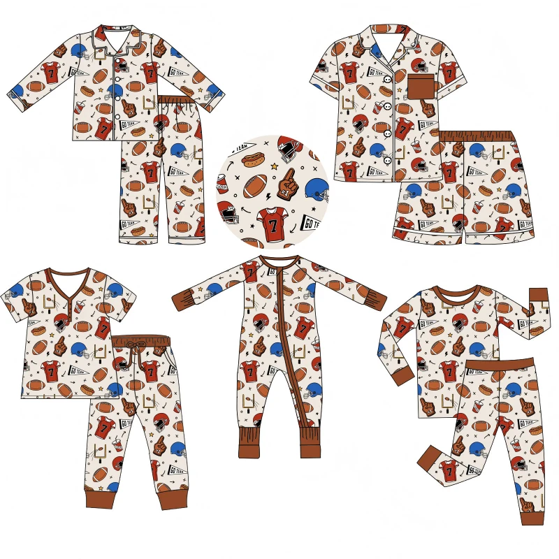 Custom Rugby Print Autumn Bamboo Fiber Baby Zipper Footed Sleeper Romper Toddler Kids Girls Pajamas Clothing