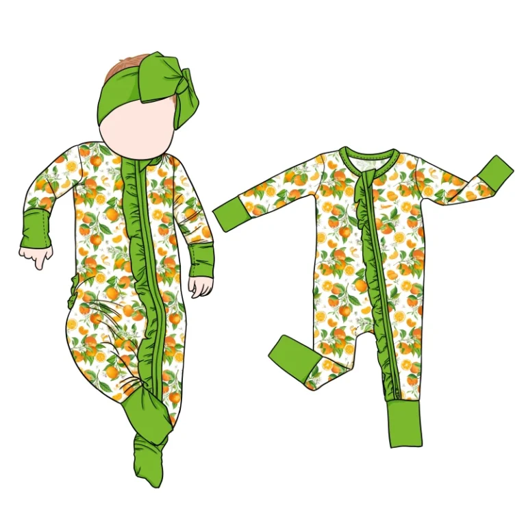 Custom-Soft-Baby-Girl-Ruffle-Romper-Zipper-Long-Sleeves-Printed-Bamboo-Sleepwear-Pajamas-for-Kids-with-Hat