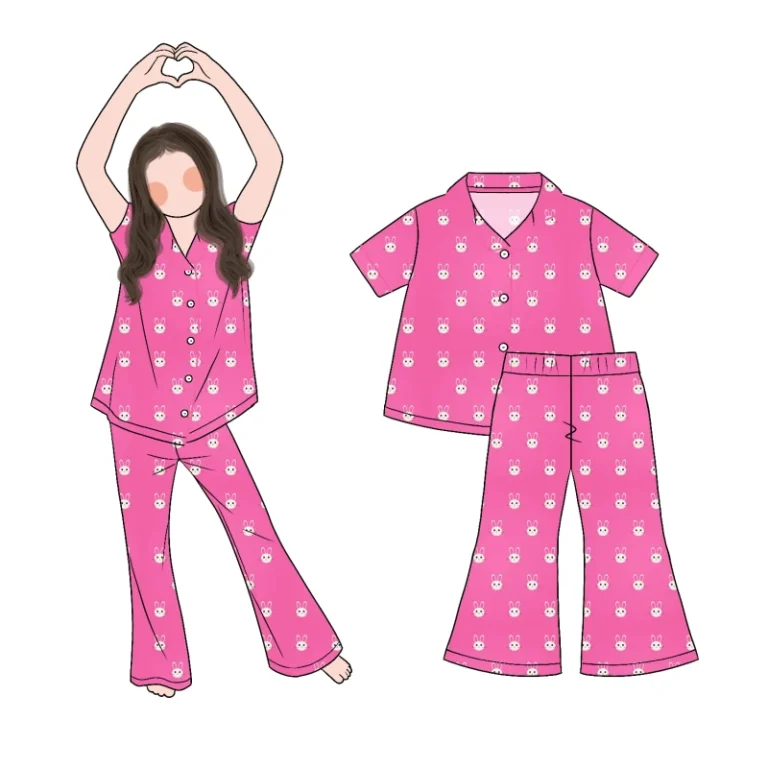 Custom-Soft-Breathable-2pcs-New-Style-Bamboo-Girls-Kids-Child-Pajamas-Designs-Long-Pants-Short-Sleeve-Sleepwear-Nightwear