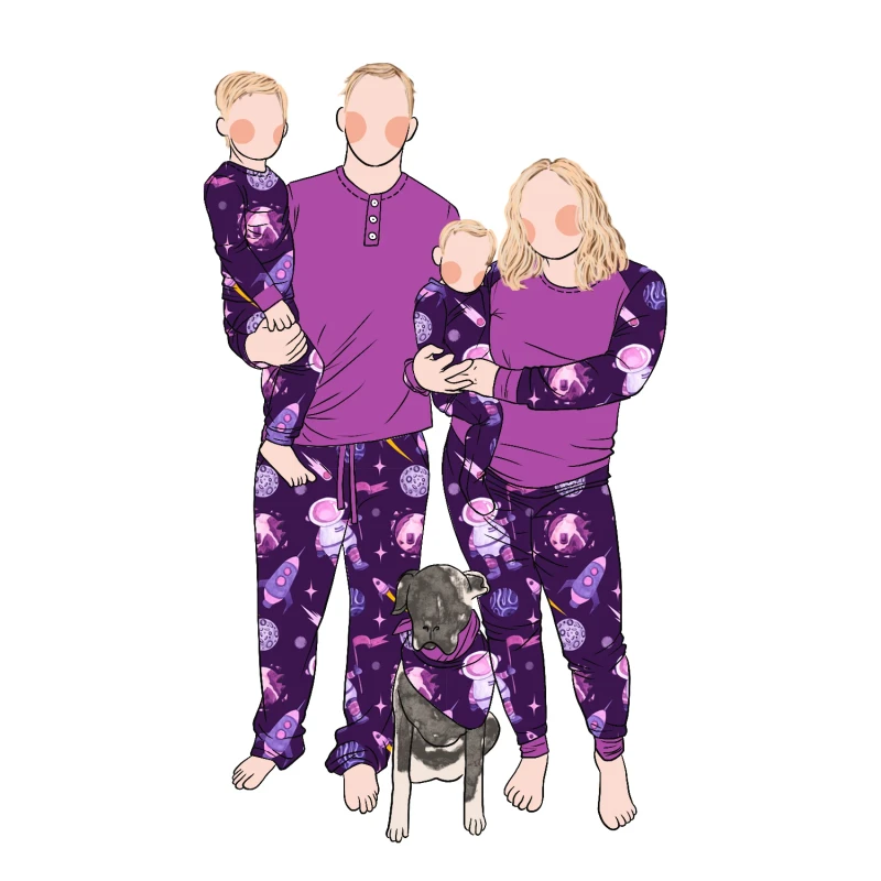 Custom Soft Milk Protein Fabric Family Daily Wear Astronaut Print Pajamas Sleepwear Matching Clothing Set