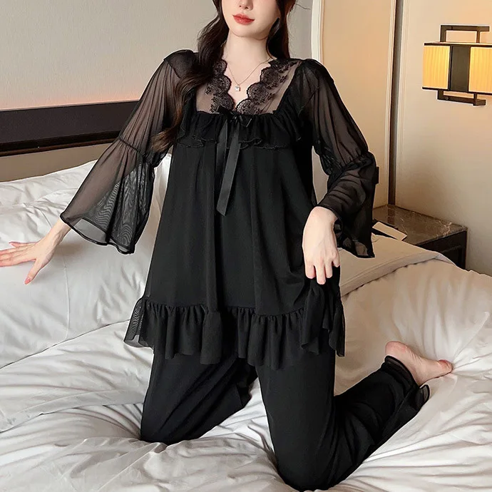 Custom Spring and Autumn Women's Home Wear V neck Lace Black Sleepwear Sexy Elegant Loose Two piece Mesh Pajamas