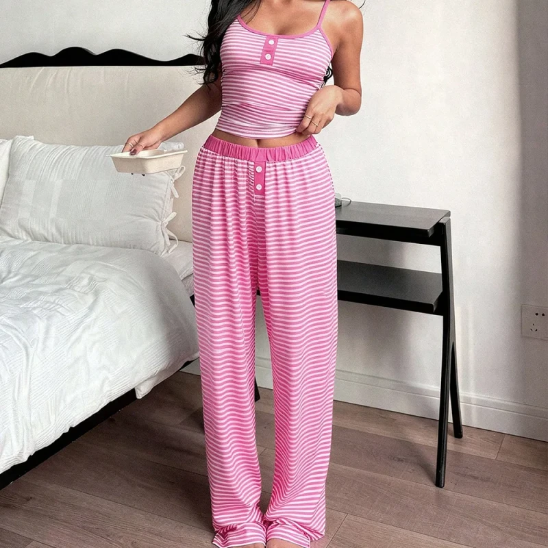 Custom Striped Pink Cami Top Button Front With Long Lounge Pants Cotton Pyjamas PJ Bamboo Pajamas For Women Sets