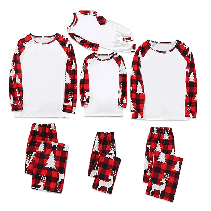 Custom Sublimation Eco Friendly 100% Polyester Long Sleeve Christmas Pajamas White Red Plaid Family Matching Set Custom Logo