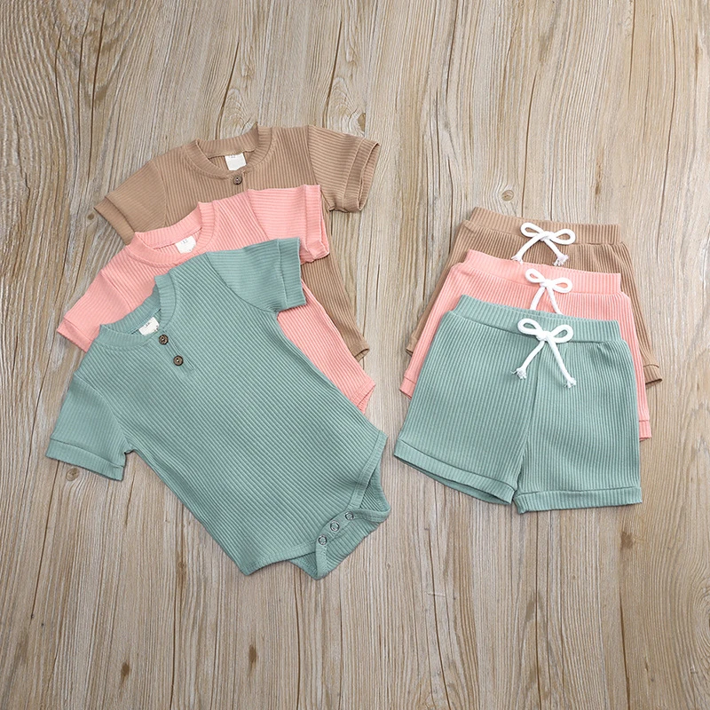 Custom Summer Baby Newborn Boy and Girls Ribbed Pajamas 2pcs Set