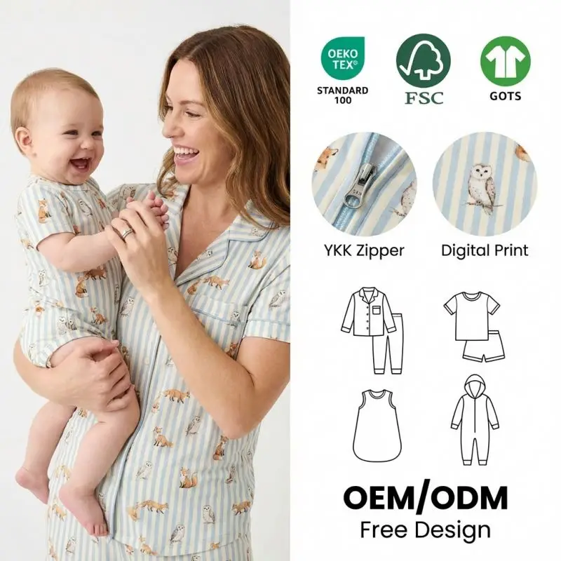 Custom Summer Cute Print Breathable Newborn Baby Clothes Mommy and Me Matching Pajamas Bamboo Women Pajamas Set