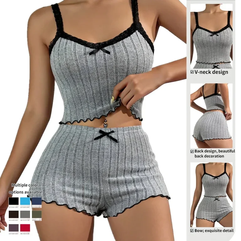 Custom-Summer-Elastic-Pajamas-Set-Lace-Edge-Home-Wear-Camisole-Shorts-for-Europe-and-America-Female