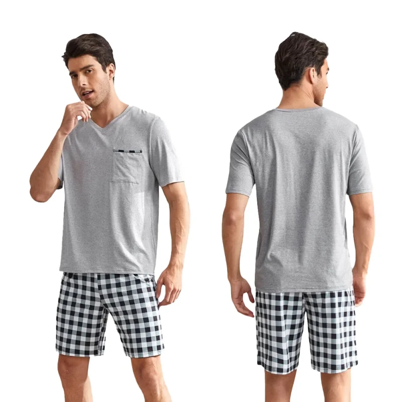 Custom Summer Men Pajamas Short Sleeve Pocket Front Bamboo Loungewear Man Cotton Plaid Pattern Shorts Men's Sleepwear