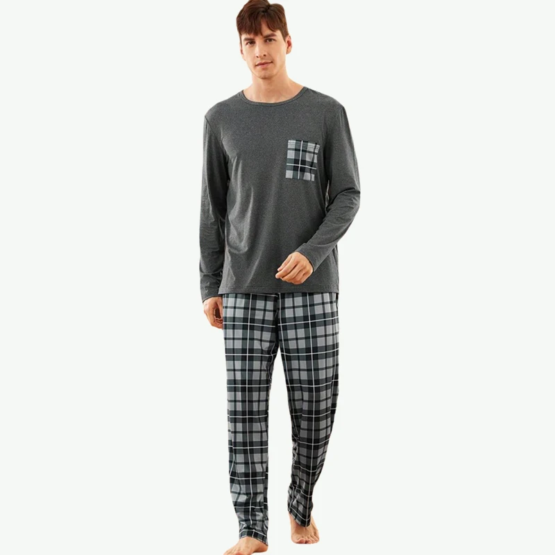 Custom Summer Men's Pajamas Long Sleeve Pocket Front Bamboo Knitted Breathable Loungewear Plaid Pattern Sleepwear