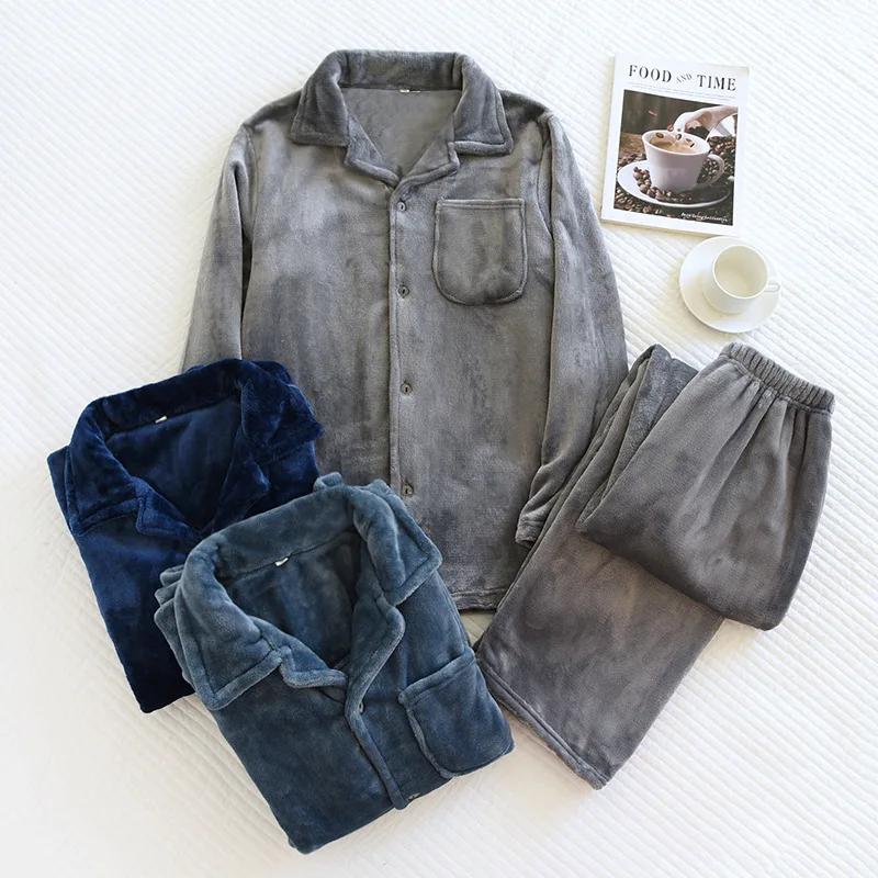 Custom Thick Velvet Men's Pajamas Cozy Coral Fleece Long Sleeve Warm Winter Flannel Home Lounge Wear Casual Plus Size Sleepwear