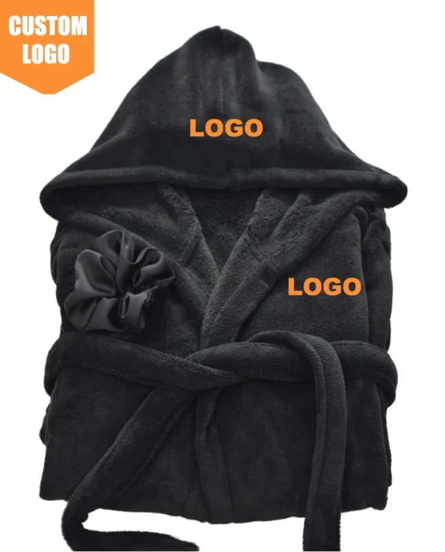 Custom Unisex Spa Long Sleeve Bathrobe Luxury Hotel Logo Coral Fleece Hooded Thermal Design Robe Breathable Home