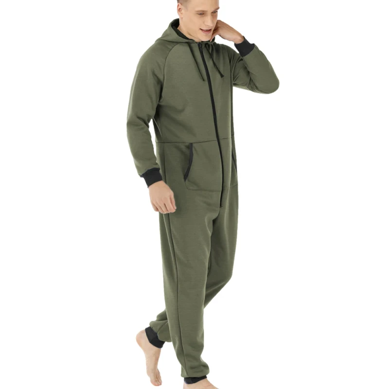 Custom Winter Thick Fleece Jumpsuit Pajamas Mens Homewear Long Sleeve Hooded Sleepwear