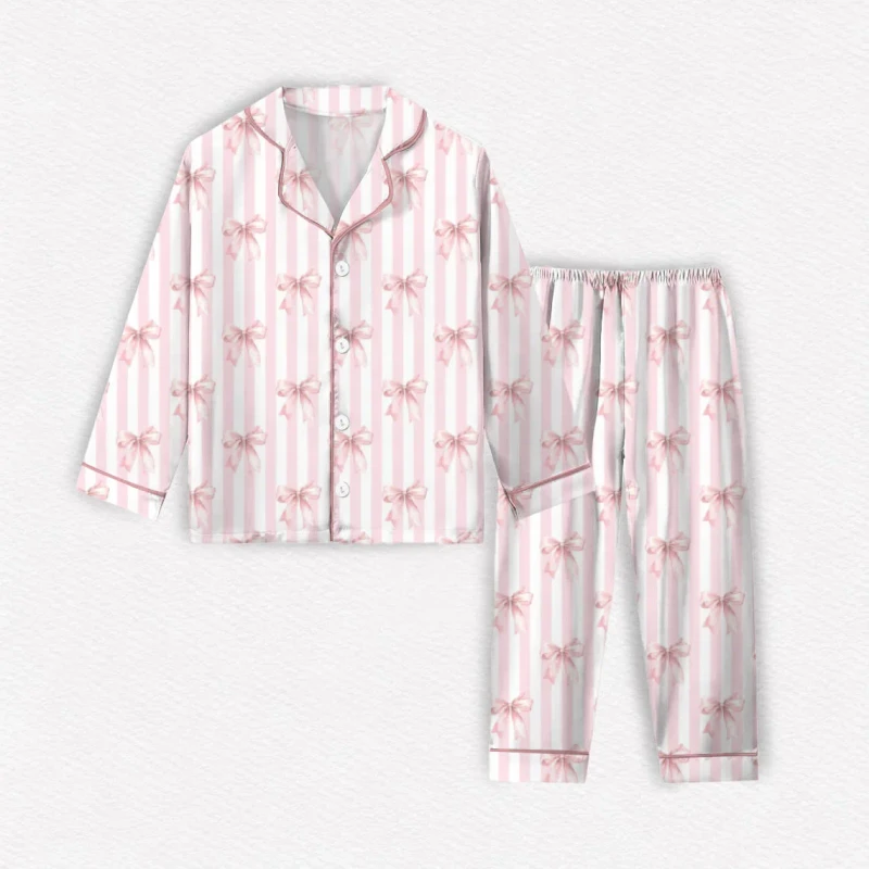 Custom Women Adult Bamboo Button Down Nightgown Coquette Bow Pinstripes Long Sleeve Top and Pants Women Bamboo Sleepwear Pajamas
