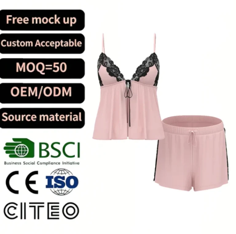 Custom-Women-Pink-Lace-Trim-Camisole-And-Shorts-Set-Sleepwear-Sexy-Pajamas-Loungewear-Two-Piece-Night-Suit