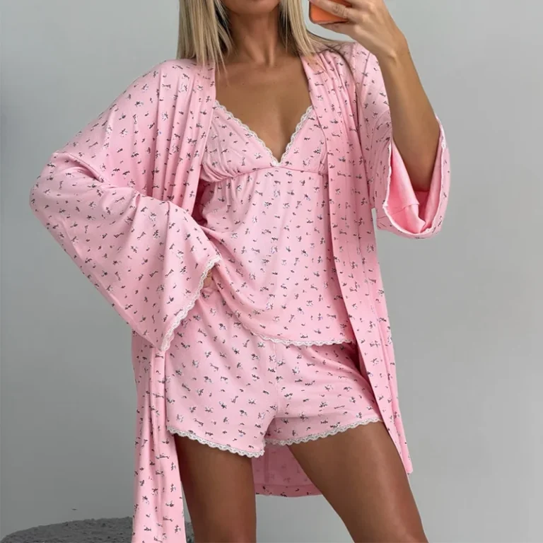 Custom-Womens-3-Piece-Robes-Sleepwear-Loose-Floral-Printed-Knitted-Ribbed-Kimono-Bathrobe-Drawstring-Robe