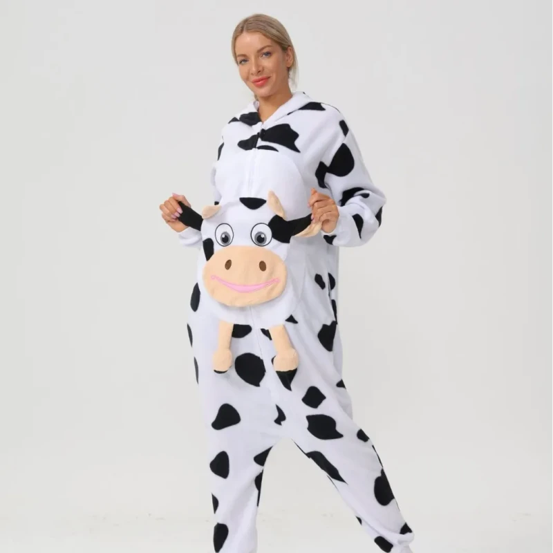 Custom Women's Cartoon Hooded Flannel Cow Kigurumi Onesie Pajamas Adult Christmas Costume Sleepwear