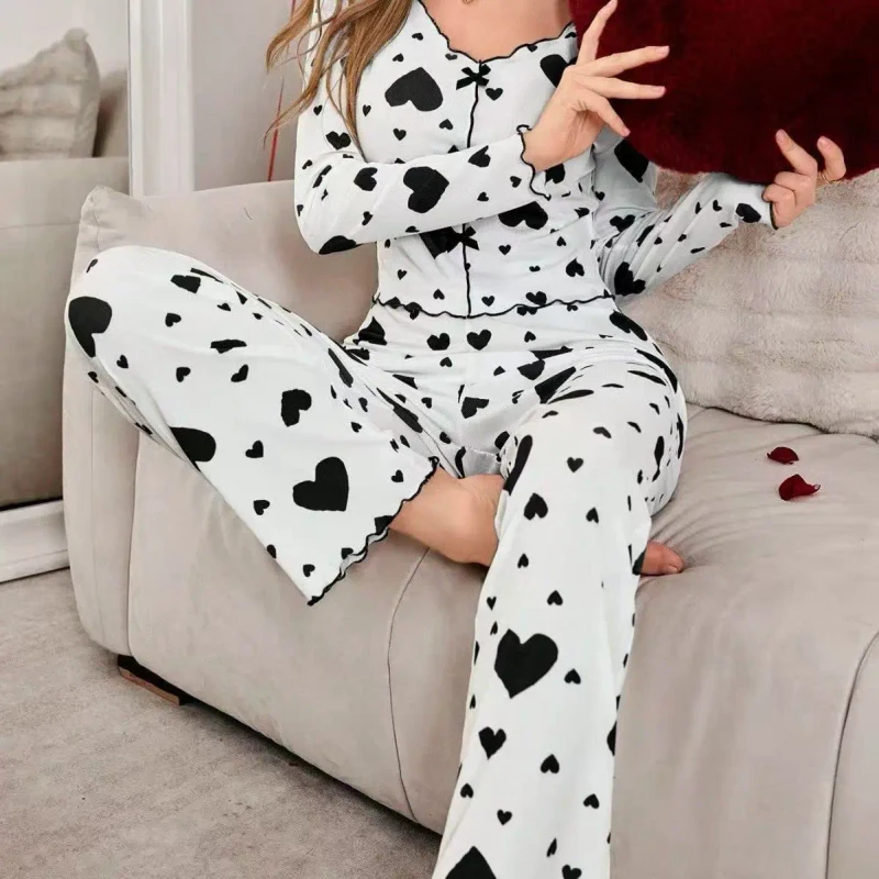 Custom Women's Heart Print Loungewear Set Round Neck Long Sleeve Wide Leg Pants Pajama Set
