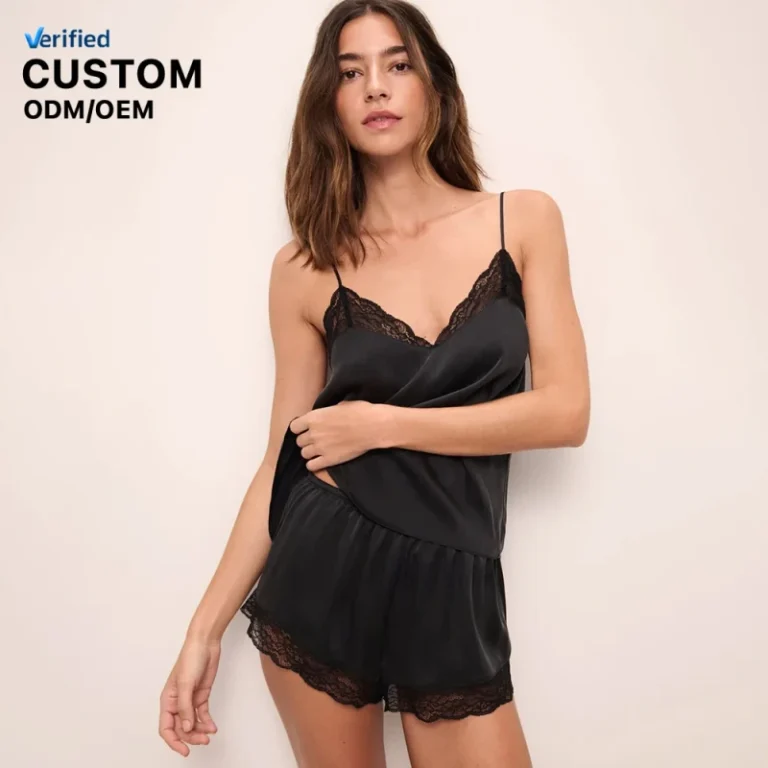 Custom-Womens-Polyester-V-Neck-Suspender-Top-Lace-Camisoles-Shorts-Pajamas-Satin-Elastic-Waist-Plain-Dyed-Summer-Pajamas-Set